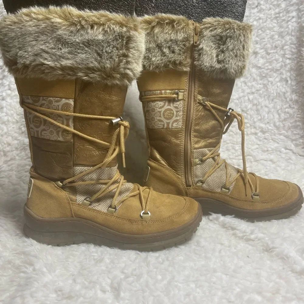 Skechers leather suede tan & Bronze leather fabric patchwork tall boots …